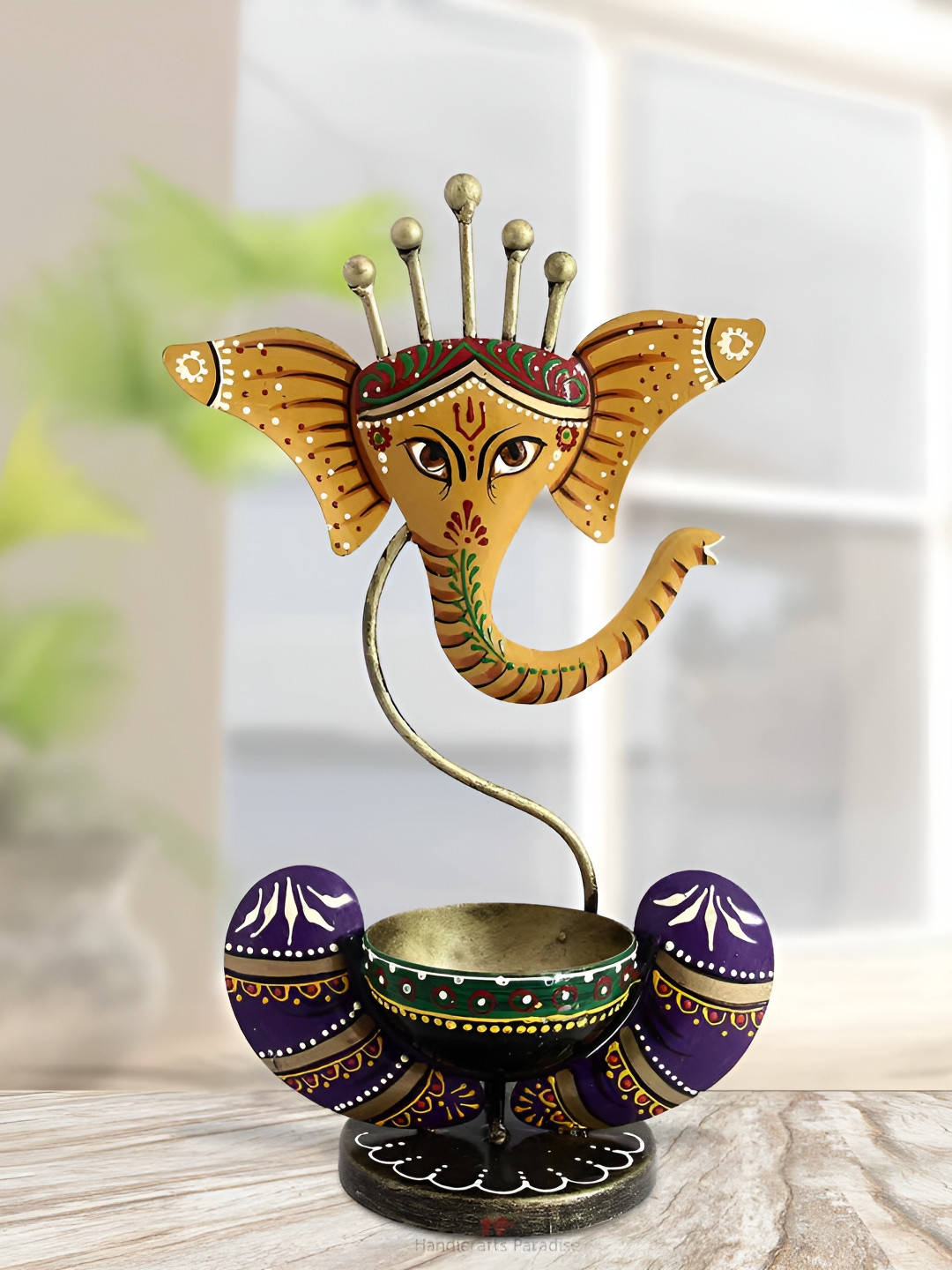 HANDICRAFTS PARADISE Lord Ganesha Tea Light Yellow Metal Metallic Living Room Lights Medium Showpiece - 11 Inches