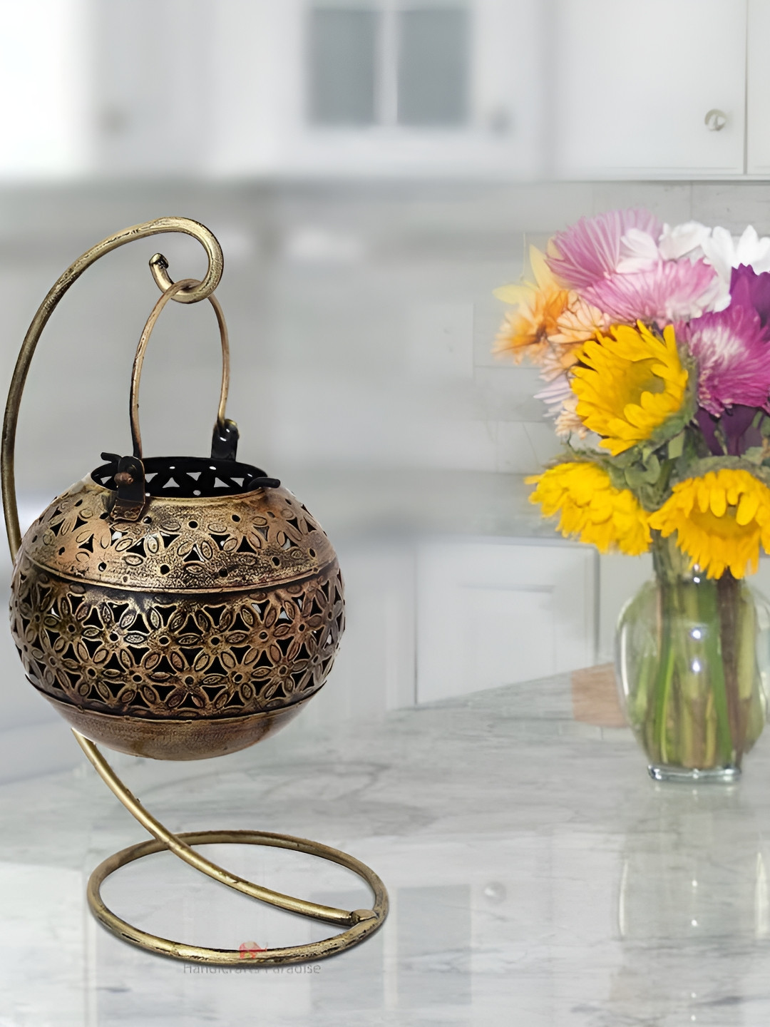 HANDICRAFTS PARADISE Antique Cut Work Hanging Tea Light Bronze Metal Metallic Living Room Lights Set of 2 Medium Showpieces - 10 Inches