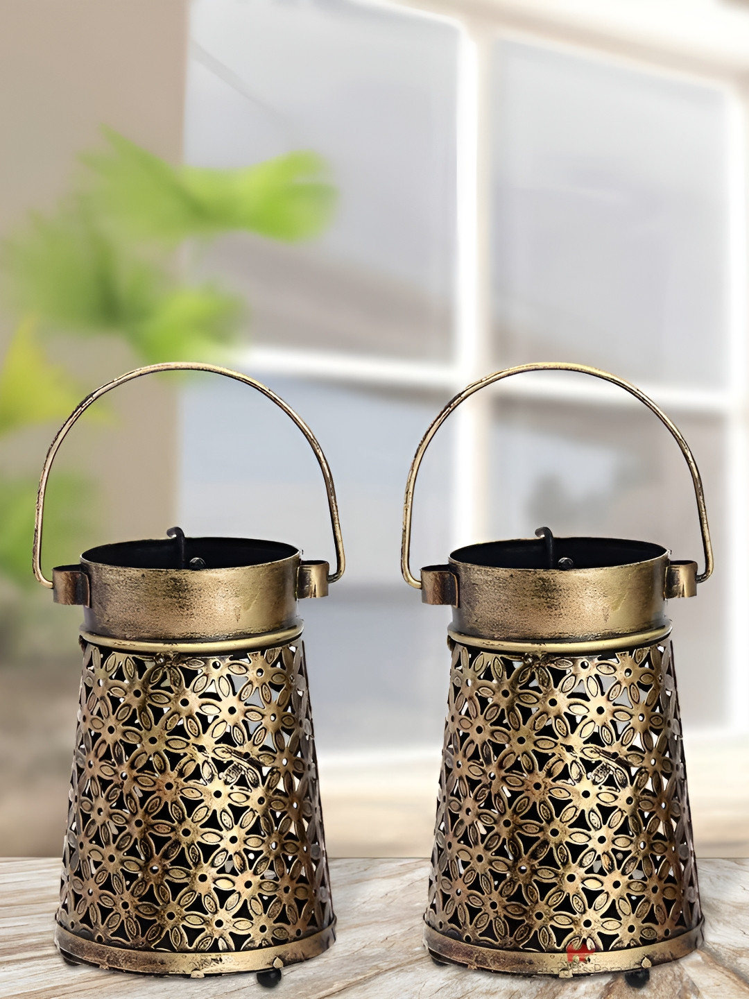 HANDICRAFTS PARADISE Cut Work Lantern Bronze Metal Metallic Living Room Lights Set of 2 Medium Showpieces - 6 Inches