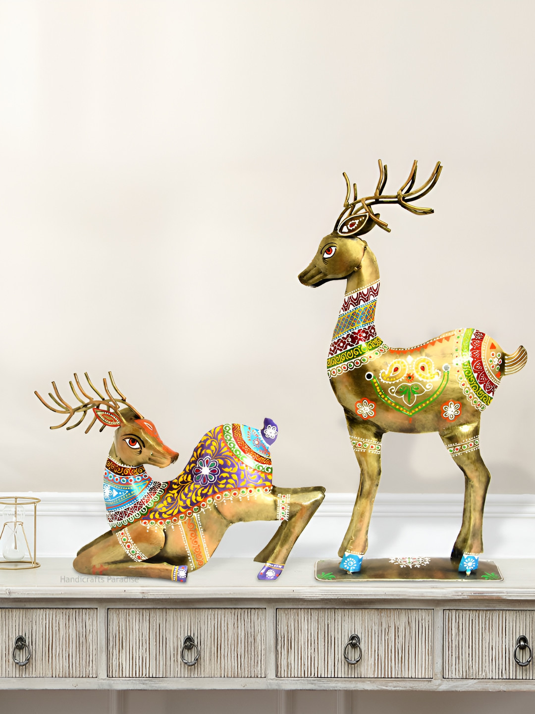 HANDICRAFTS PARADISE Deer Yellow Metal Metallic Living Room Set of 2 Medium Showpieces - 4.5 Inches