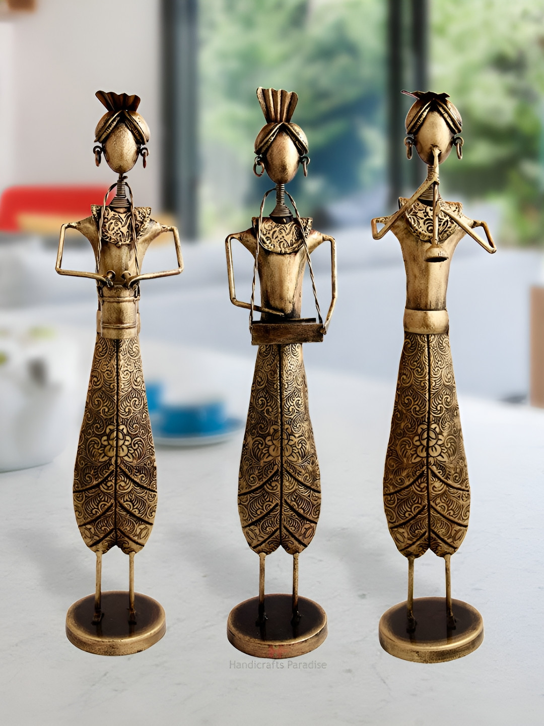 HANDICRAFTS PARADISE Musical Doll Brown Metal Metallic Living Room Music Set of 3 Medium Showpieces - 4 Inches