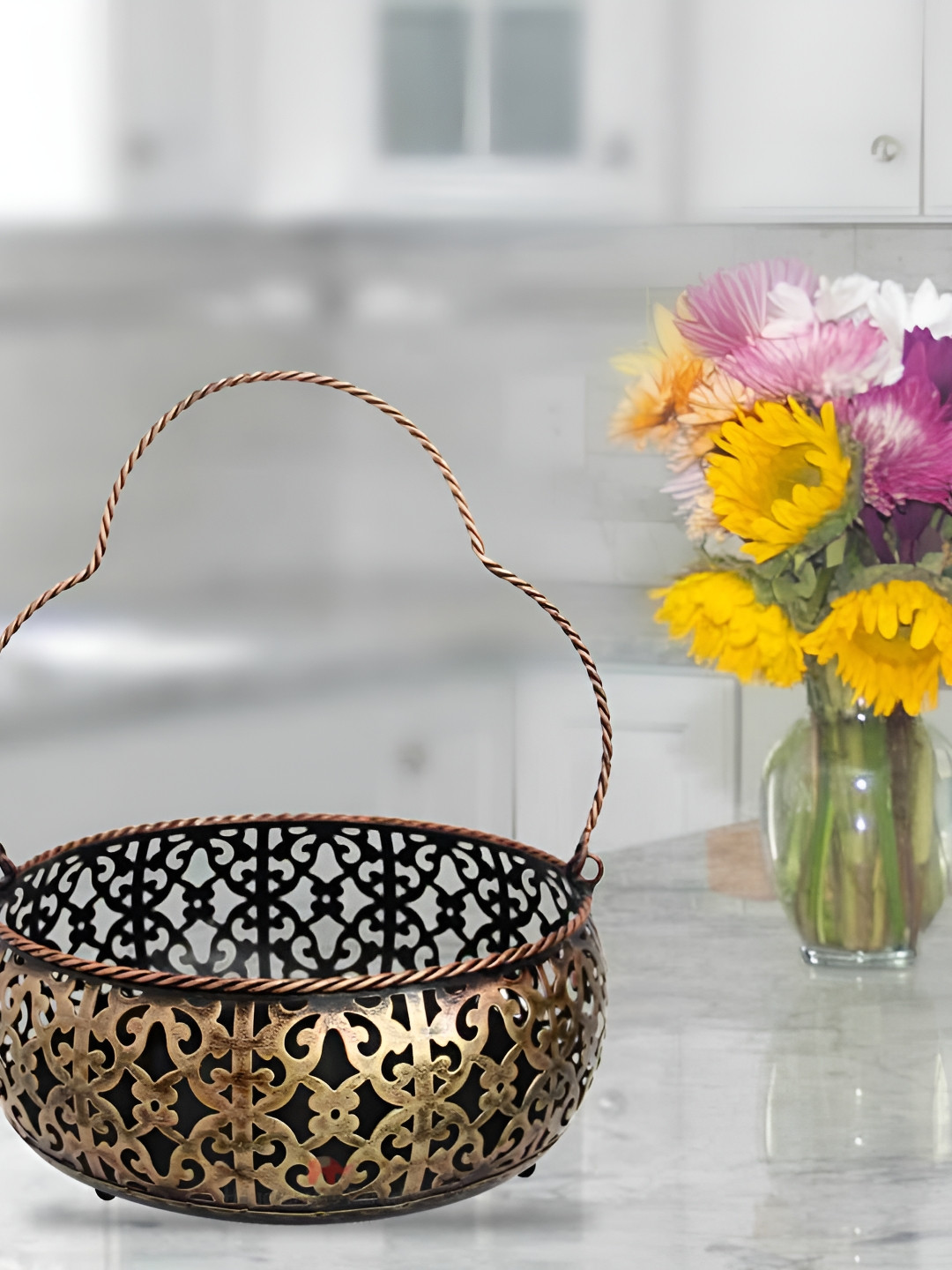 HANDICRAFTS PARADISE Basket Brown Metal Metallic Living Room Medium Showpiece - 9.5 Inches