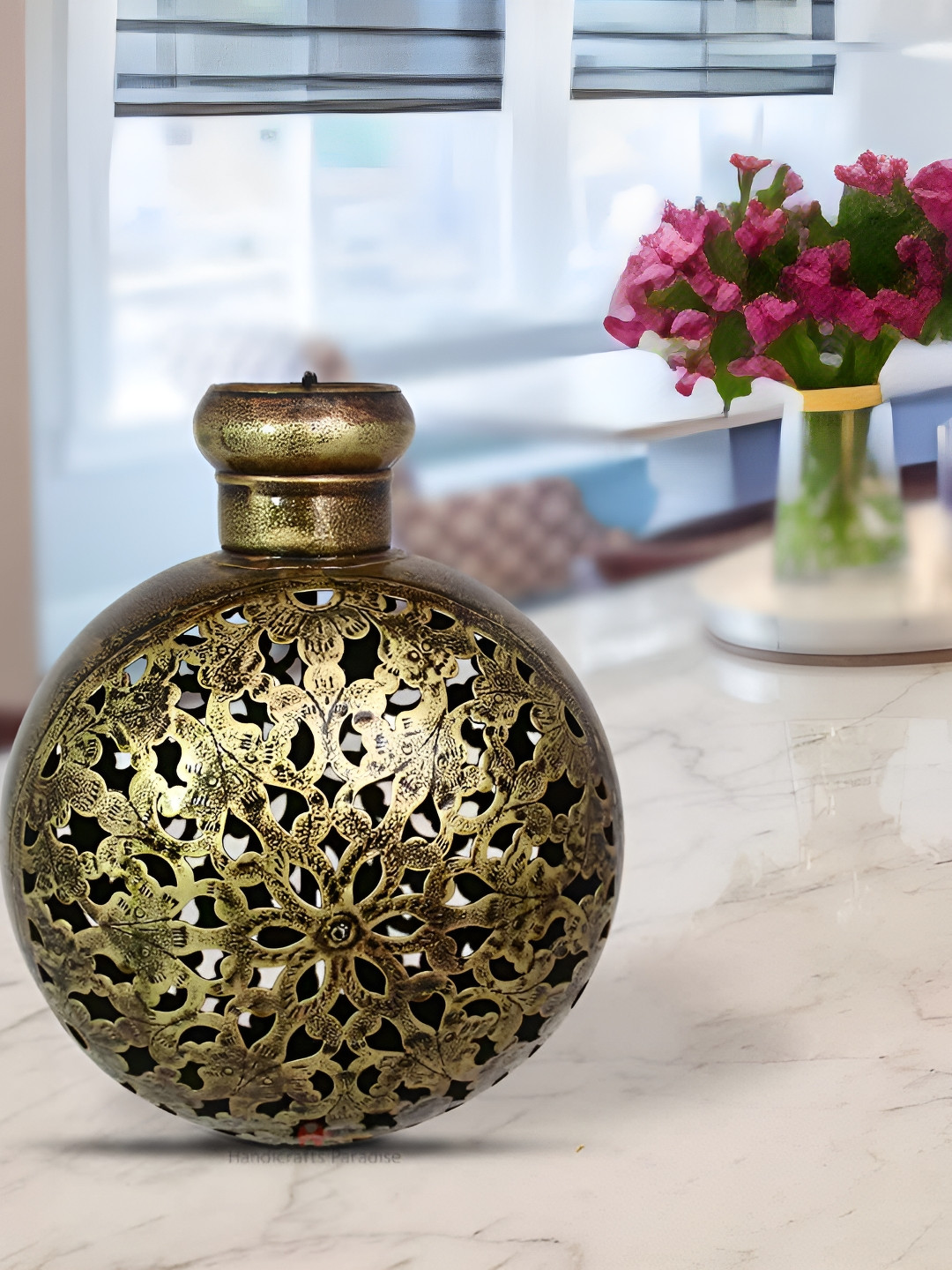 HANDICRAFTS PARADISE Cut Work Tea Light Holder Flower Pot Brown Metal Metallic Living Room Lights Medium Showpiece - 8.7 Inches