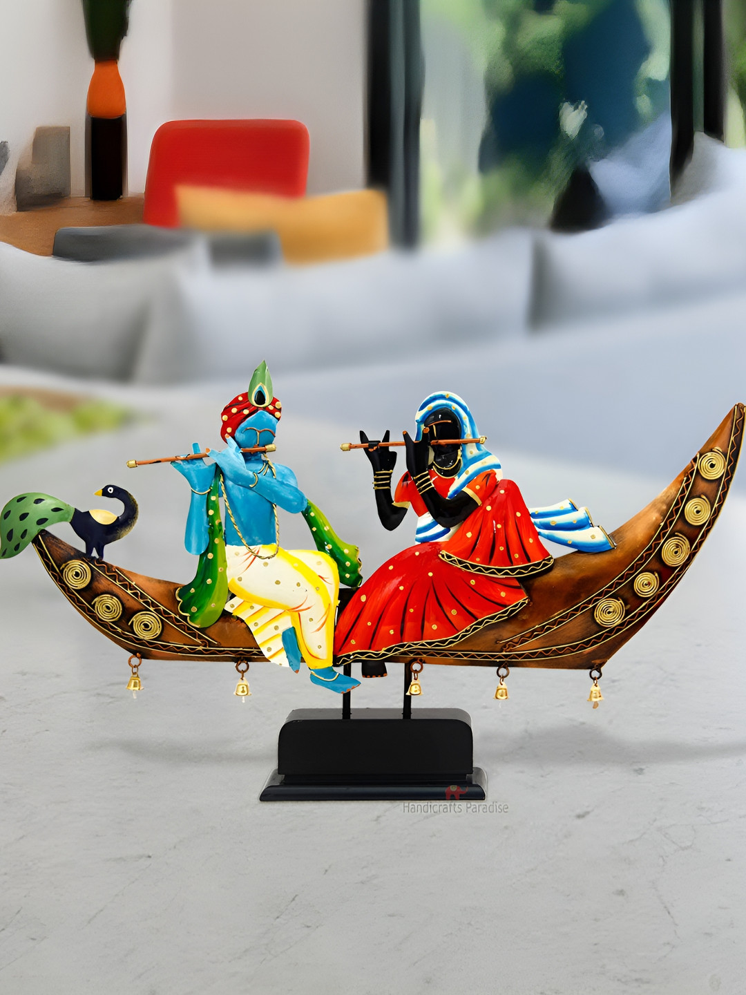 HANDICRAFTS PARADISE Radha Krishna Sitting on Boat Blue Metal Metallic Living Room Medium Showpiece - 2.5 Inches