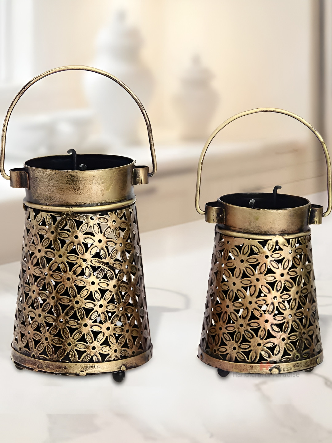 HANDICRAFTS PARADISE Cut Work Lantern Tea Light with Handle Gold Metal Metallic Living Room Lights Set of 2 Medium Showpieces - 4.3 Inches