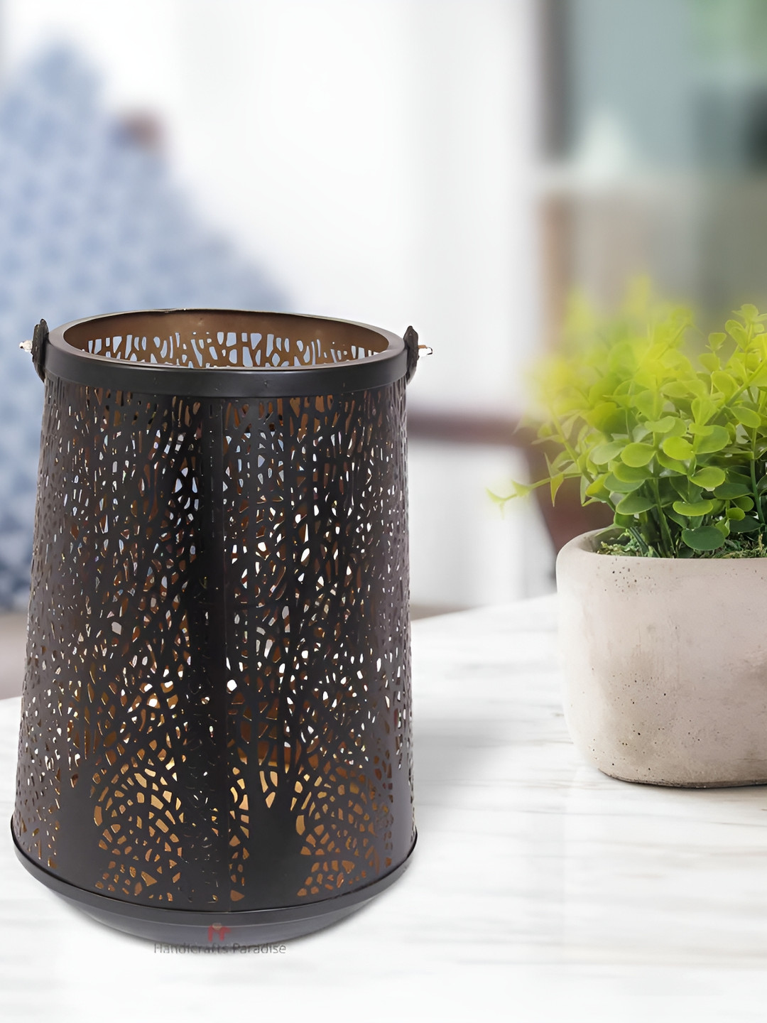 HANDICRAFTS PARADISE intricate Cut Work Tea Light Brown Metal Metallic Living Room Lights Medium Showpiece - 10.5 Inches