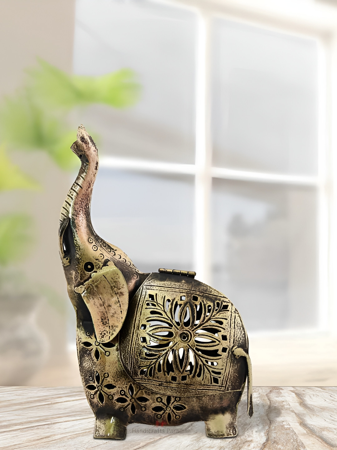 HANDICRAFTS PARADISE intricate Cut Work Elephant Tea Light Holder Bronze Metal Metallic Home Office Lights Small Showpiece - 8.5 Inches