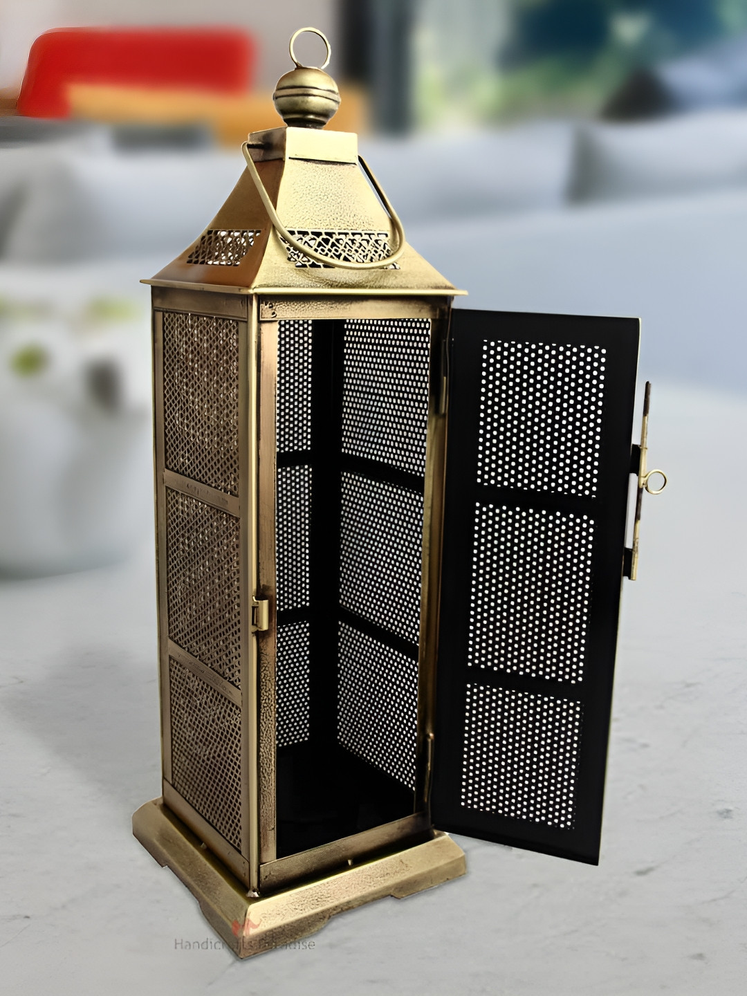 HANDICRAFTS PARADISE Tea Light Lamp Gold Metal Metallic Living Room Lights Extra Large Showpiece - 25 Inches