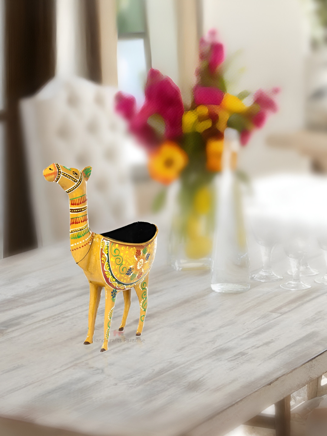 HANDICRAFTS PARADISE Camel Shaped Utility Holder Yellow Metal Metallic Living Room Medium Showpiece - 12 Inches