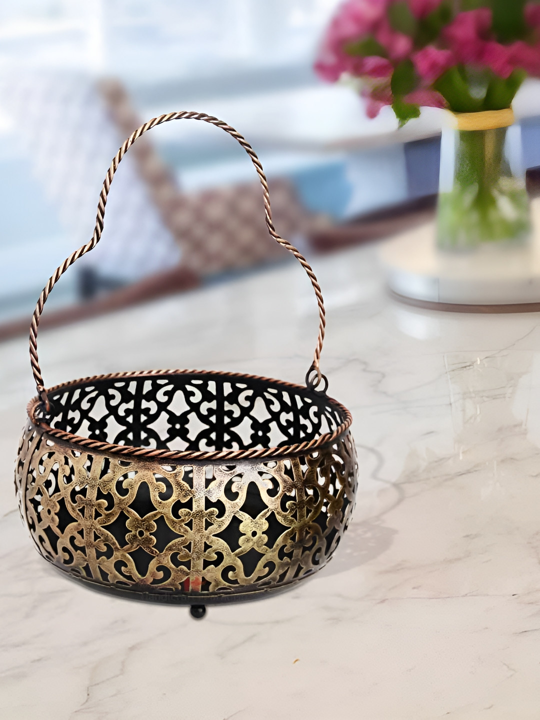 HANDICRAFTS PARADISE Basket Bronze Metal Metallic Living Room Hand Made Medium Showpiece - 10.5 Inches