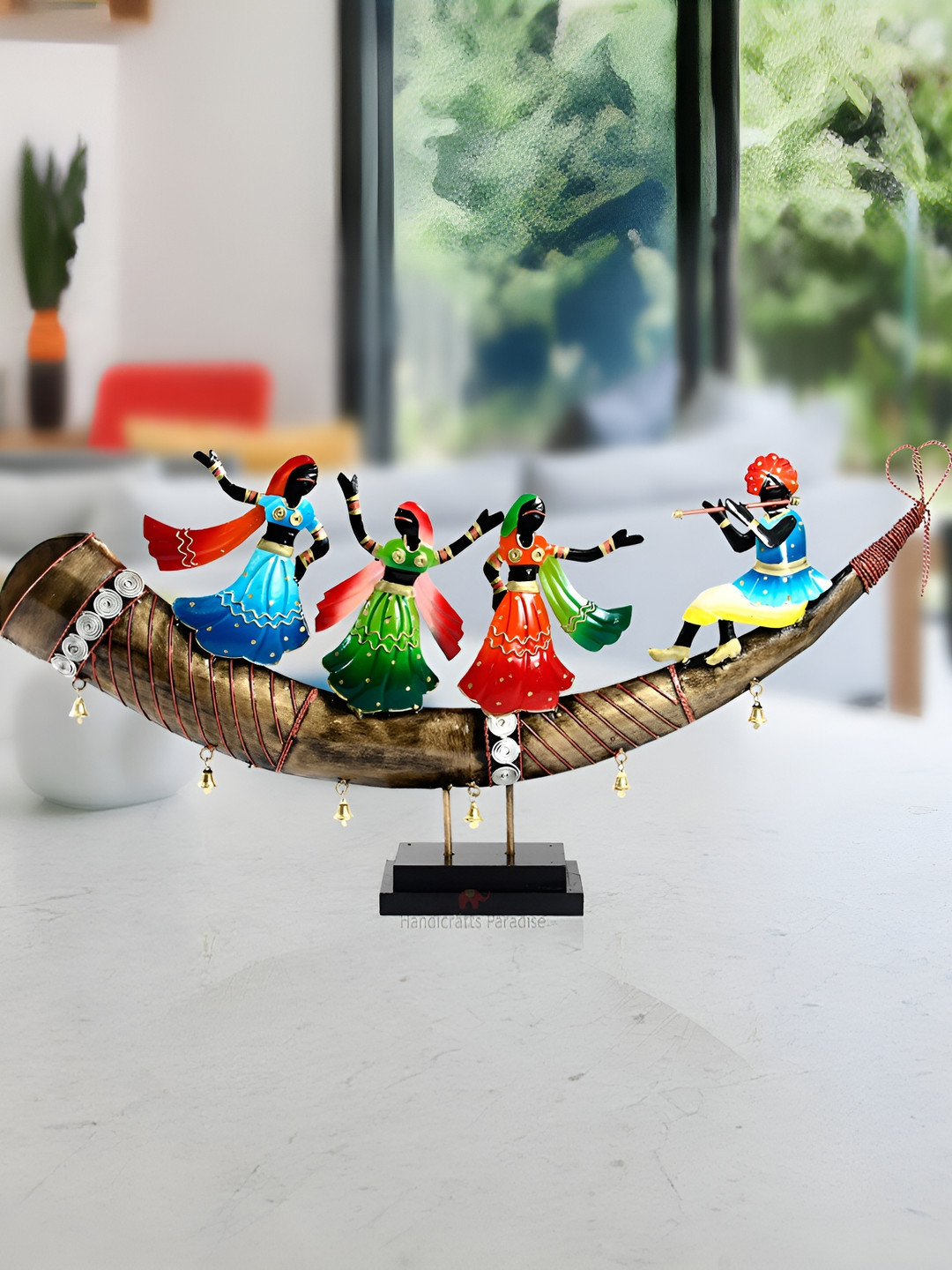 HANDICRAFTS PARADISE Tribal Dancing and Playing Flute Brown Metal Metallic Living Room Hand-Crafted Medium Showpiece - 4 Inches