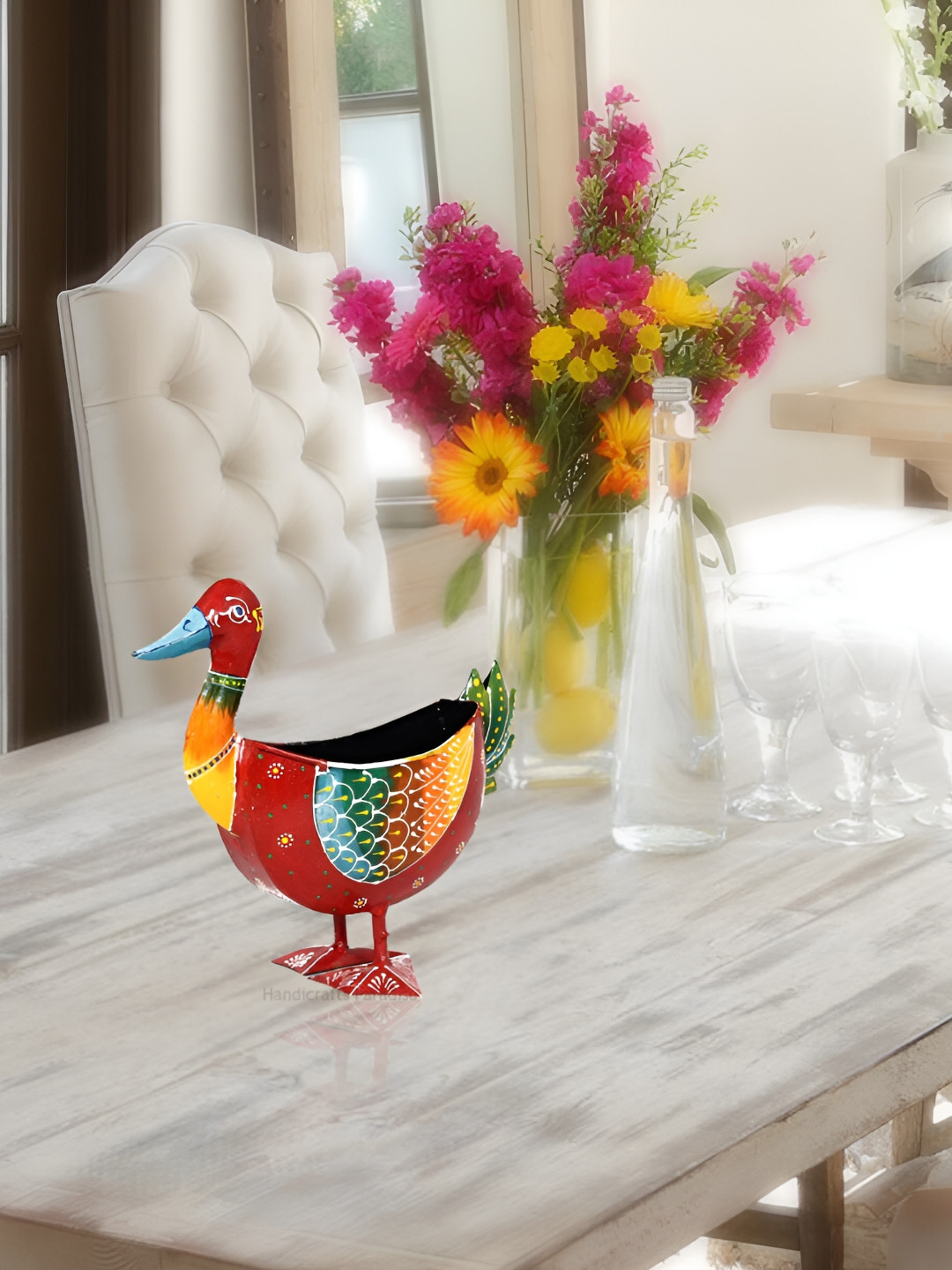 HANDICRAFTS PARADISE Duck Shaped Utility Holder Red Metal Metallic Living Room Medium Showpiece - 8.5 Inches