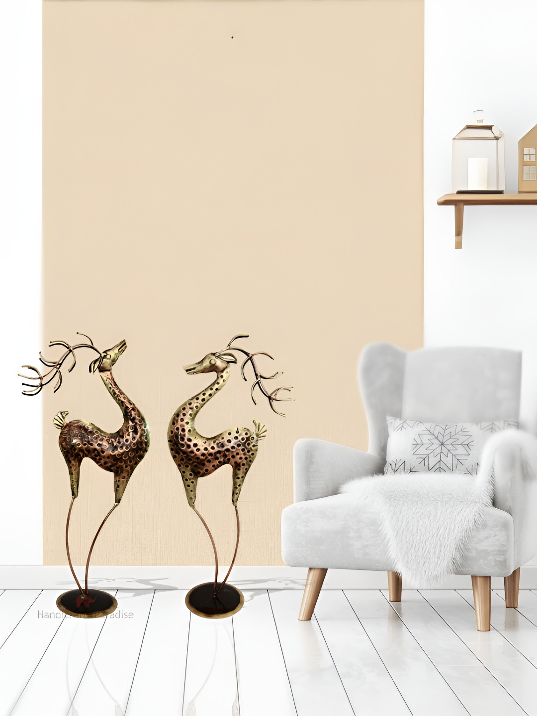 HANDICRAFTS PARADISE Pair of Deer Bronze Metal Metallic Living Room Hand Made Set of 2 Extra Large Showpieces - 26 Inches