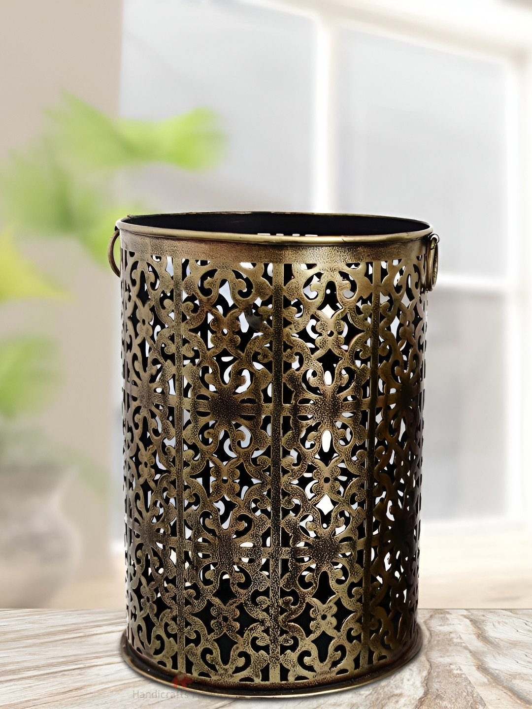 HANDICRAFTS PARADISE Cut Work Container Bronze Metal Metallic Living Room Medium Showpiece - 10.5 Inches