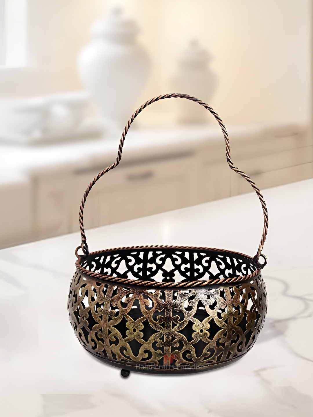 HANDICRAFTS PARADISE Cut Work Basket Bronze Metal Metallic Living Room Hand Made Medium Showpiece - 10.5 Inches