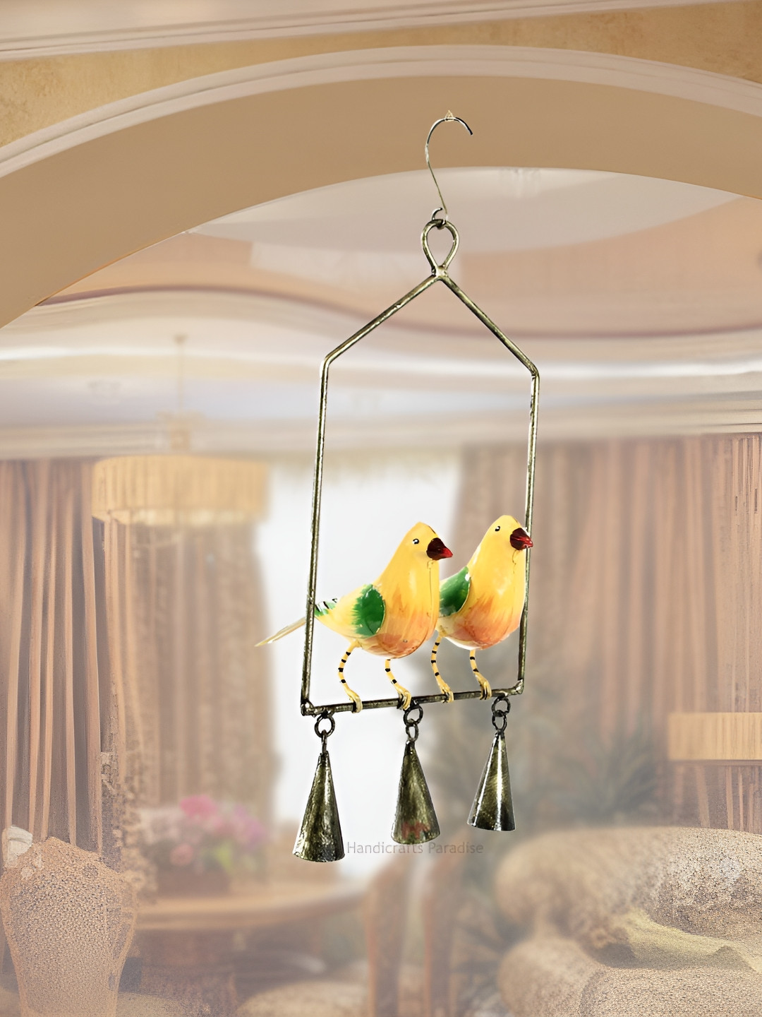 HANDICRAFTS PARADISE Pair Of Birds Yellow Metal Metallic Living Room Medium Showpiece - 5 Inches