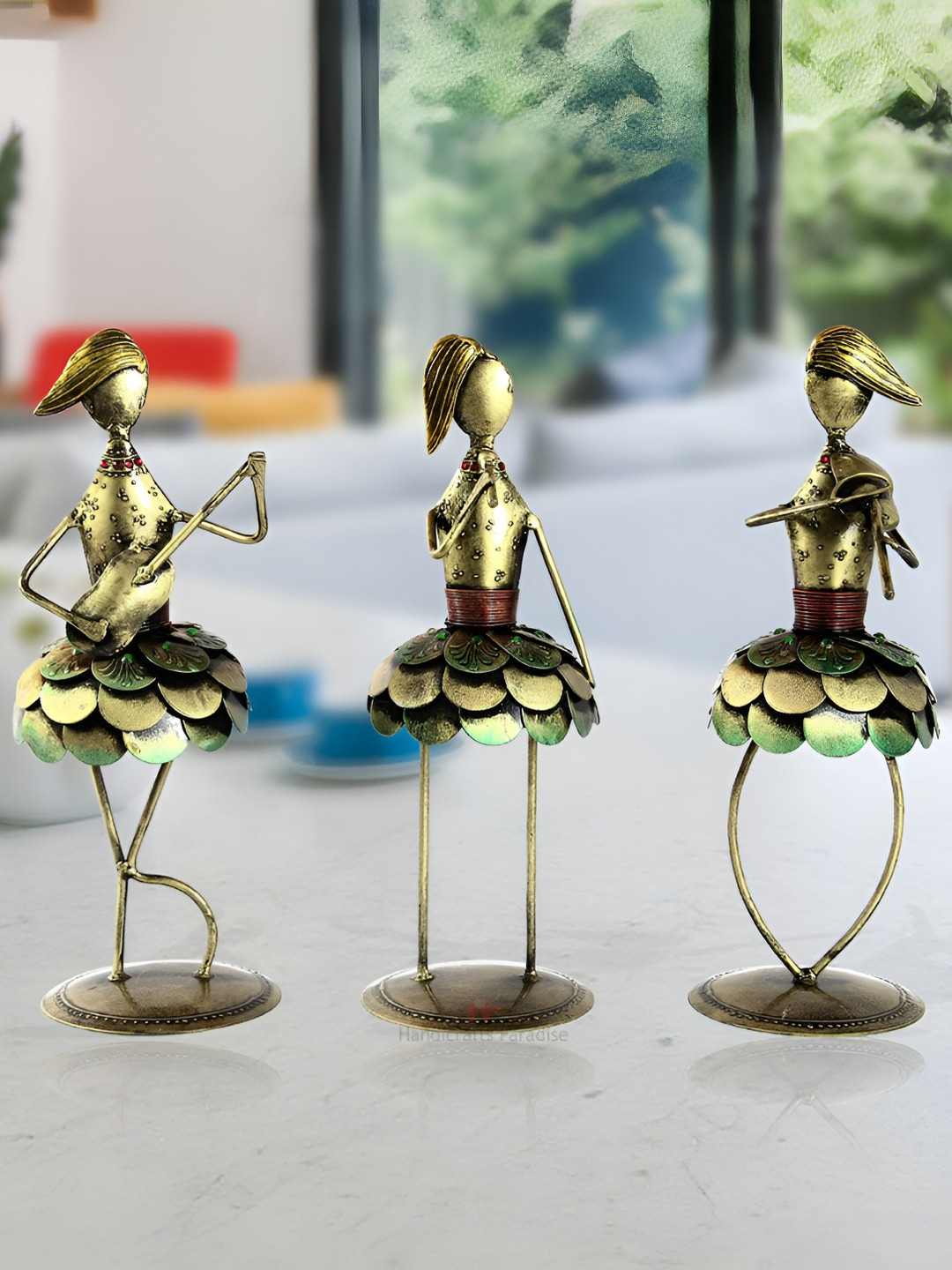 HANDICRAFTS PARADISE Musical Dancing Doll Gold Metal Metallic Living Room Hand Made Set of 3 Medium Showpieces - 14 Inches