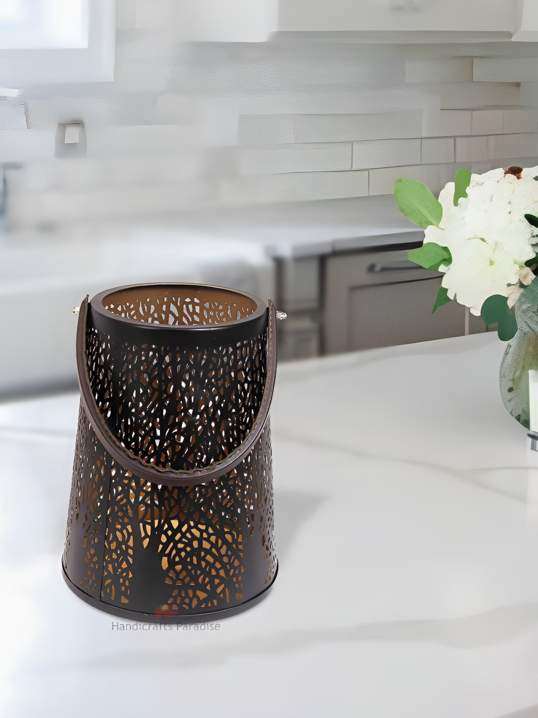 HANDICRAFTS PARADISE Tea Light with Handle Brown Metal Natural Living Room Hand-Crafted Medium Showpiece - 11.3 Inches