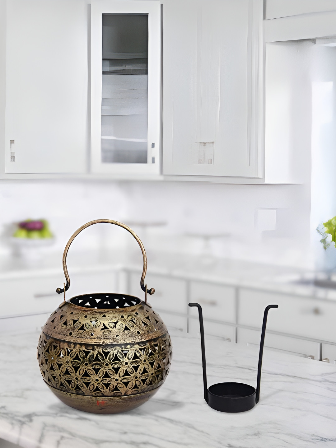 HANDICRAFTS PARADISE Cut Work Tea Light with A Handle Gold Metal Metallic Living Room Lights Set of 2 Medium Showpieces - 4.5 Inches