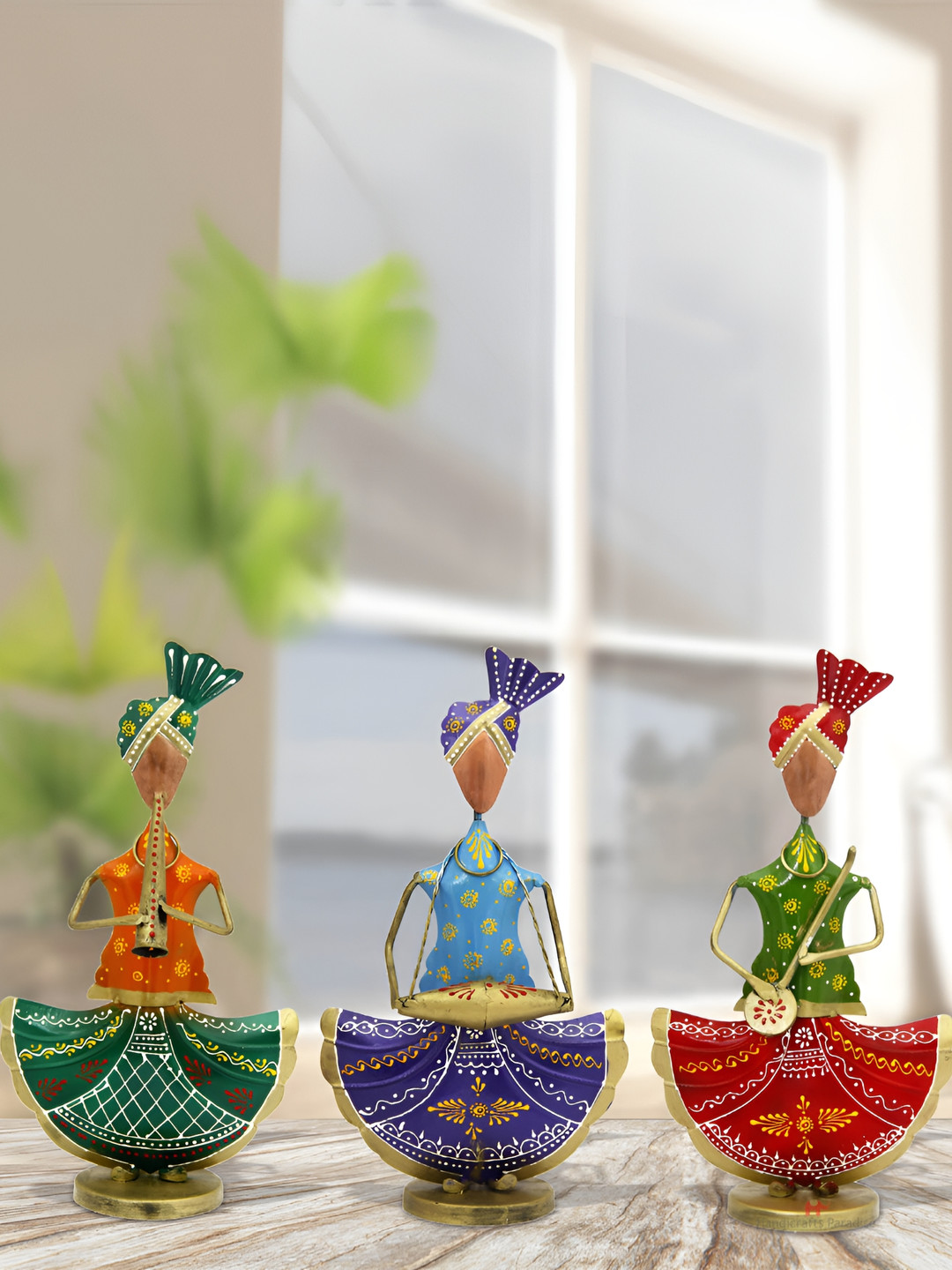 HANDICRAFTS PARADISE Tribal Rajasthani Musicians Blue Metal Metallic Living Room Set of 3 Medium Showpieces - 13.3 Inches