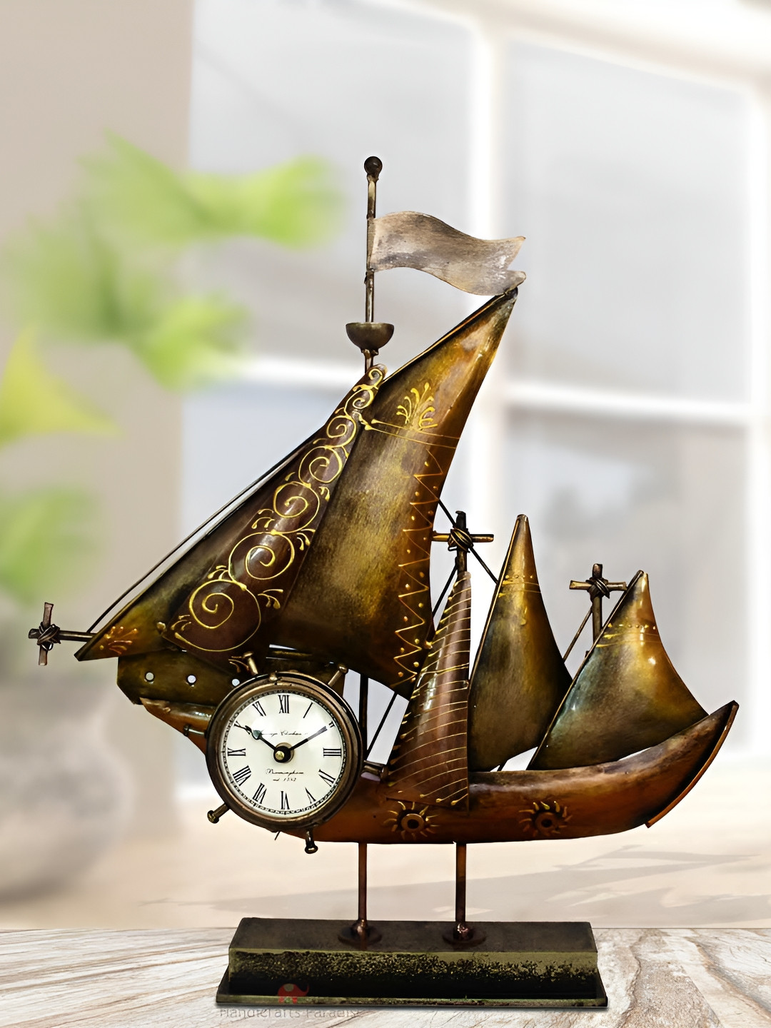 HANDICRAFTS PARADISE Brown and Green Table Clock by Handicraft Paradise Showpiece