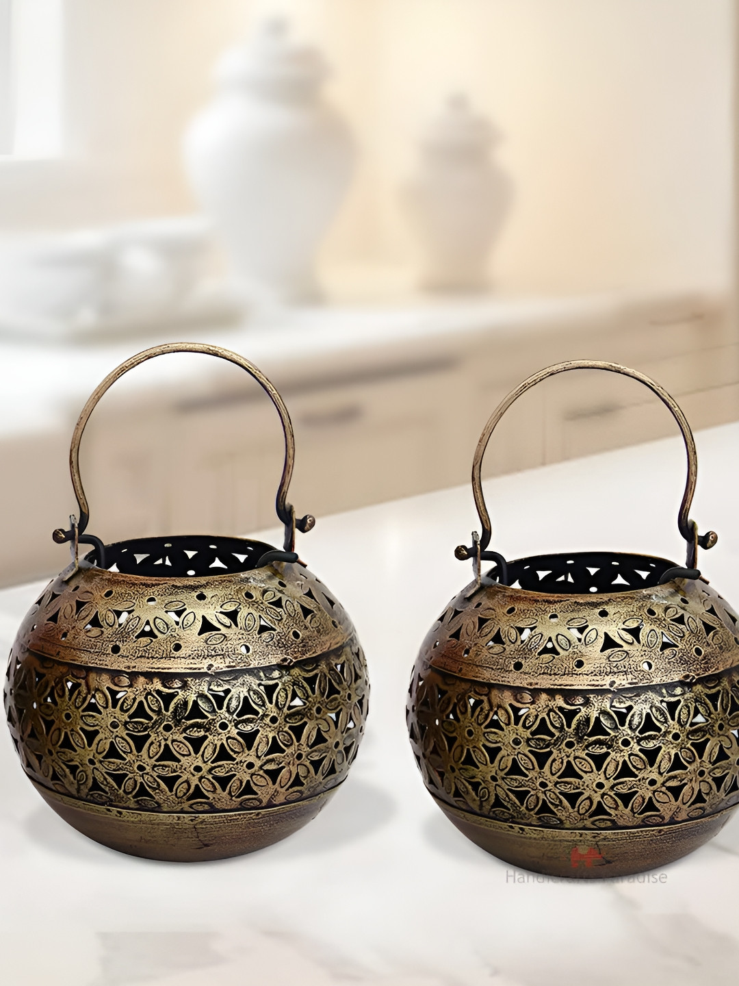 HANDICRAFTS PARADISE Tea Light Gold Metal Metallic Living Room Antique Cut Work Set of 2 Medium Showpieces - 4.5 Inches