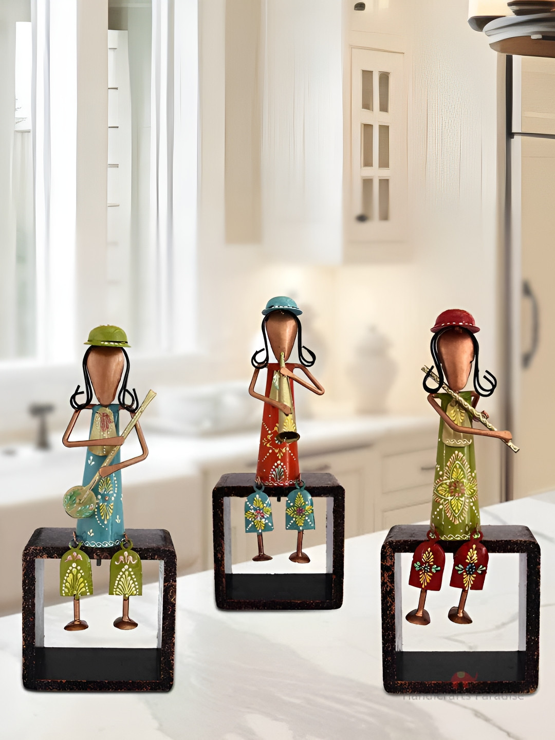 HANDICRAFTS PARADISE Musician Seated Ladies Blue Metal Metallic Living Room Music Set of 3 Medium Showpieces - 12.5 Inches