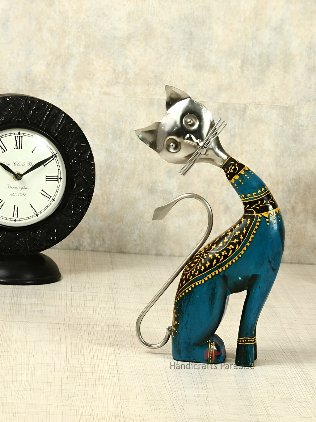 HANDICRAFTS PARADISE Blue and Silver Toned Figurine wooden Cat Handmade Showpiece