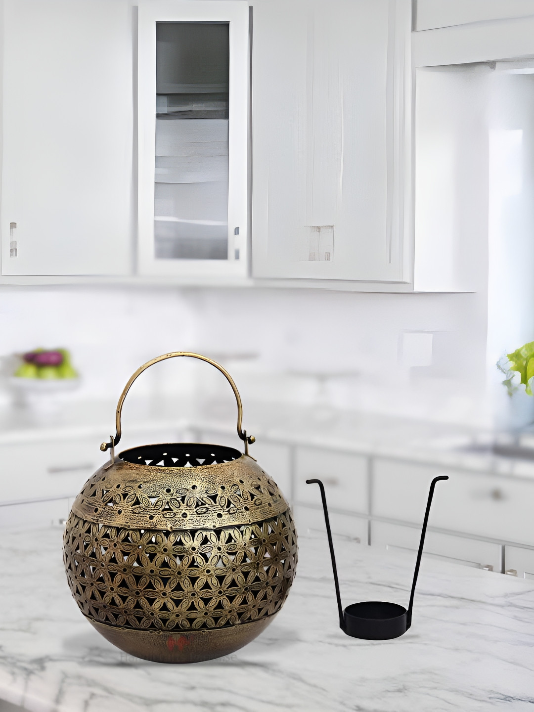 HANDICRAFTS PARADISE Cut Work Tea Light with A Handle Brown Metal Metallic Living Room Lights Set of 2 Medium Showpieces - 6 Inches