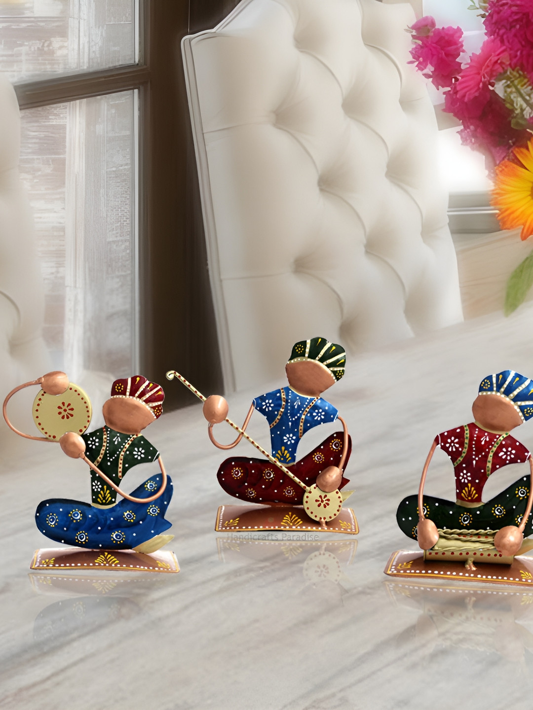 HANDICRAFTS PARADISE Red & Blue 3 Pcs Metal Rajasthani Musicians Medium Showpieces