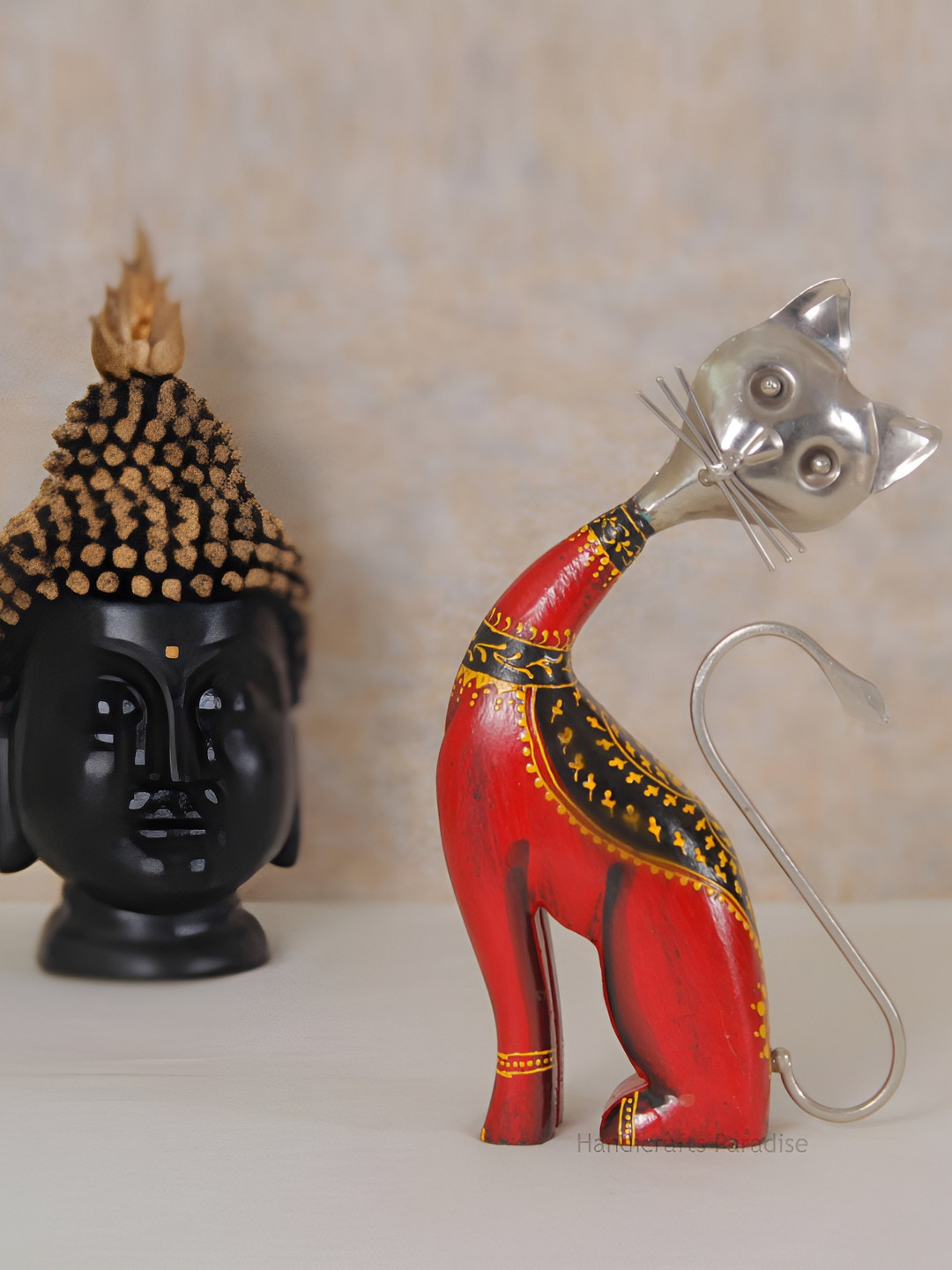 HANDICRAFTS PARADISE Cat Red Metal Metallic Living Room Hand Made Medium Showpiece - 2 Inches