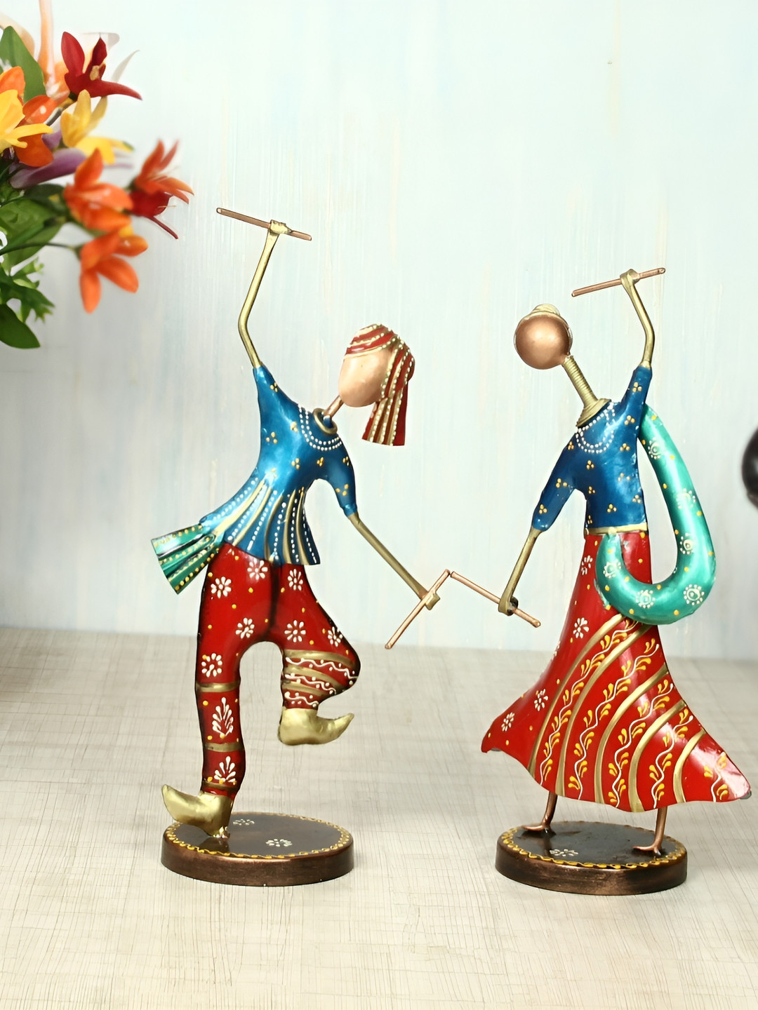 HANDICRAFTS PARADISE Couple Playing Dandia Blue Metal Metallic Living Room Hand Made Set of 2 Medium Showpieces - 12.6 Inches