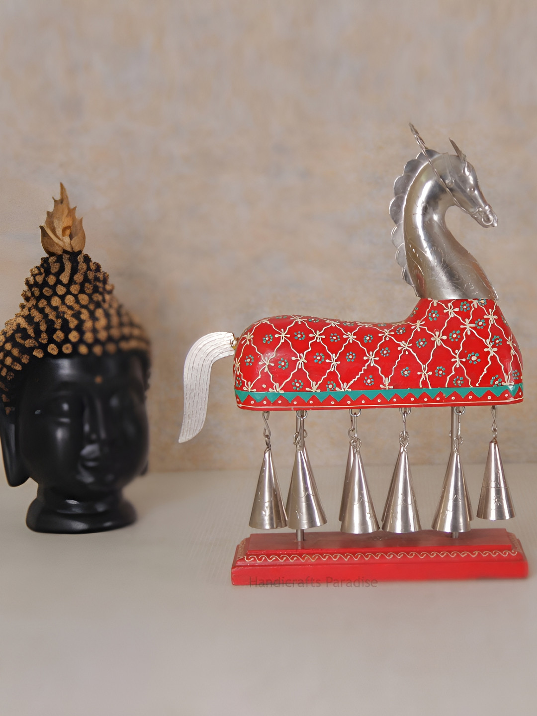 HANDICRAFTS PARADISE Horse Red Metal Metallic Living Room Hand Made Medium Showpiece - 13.5 Inches