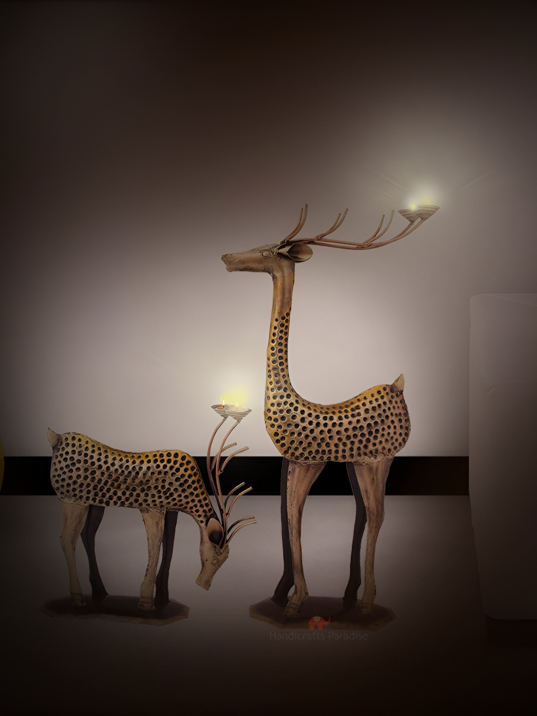 HANDICRAFTS PARADISE Deer Candle Holder Brown Iron Metallic Living Room Set of 2 Medium Showpieces - 4.7 Inches