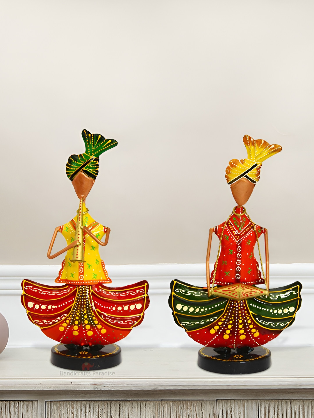 HANDICRAFTS PARADISE Tribal Rajasthani Musicians Red Iron Matte Living Room Hand-Crafted Set of 2 Medium Showpieces - 4.1 Inches