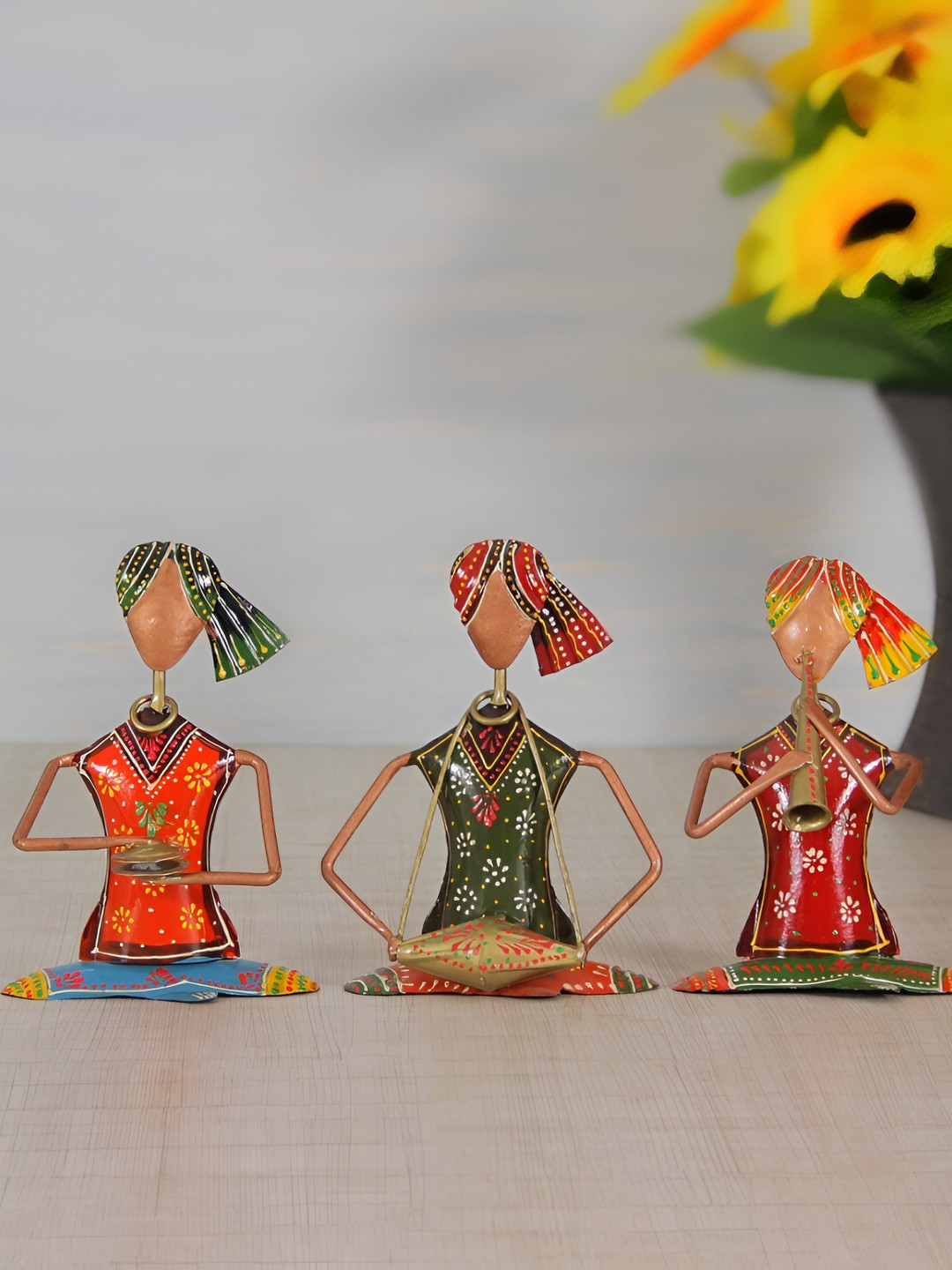 HANDICRAFTS PARADISE Sitting Musician Doll Red Metal Matte Living Room Hand-Crafted Set of 3 Small Showpieces - 2.8 Inches