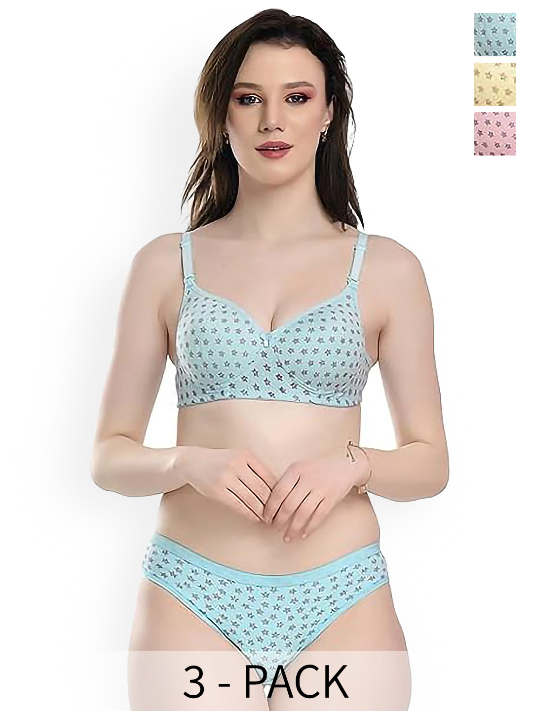PIBU Pack Of 3 Printed Cotton Lingerie Set PI_T_STR-PD_Set_Blue,Yellow,Pink_30