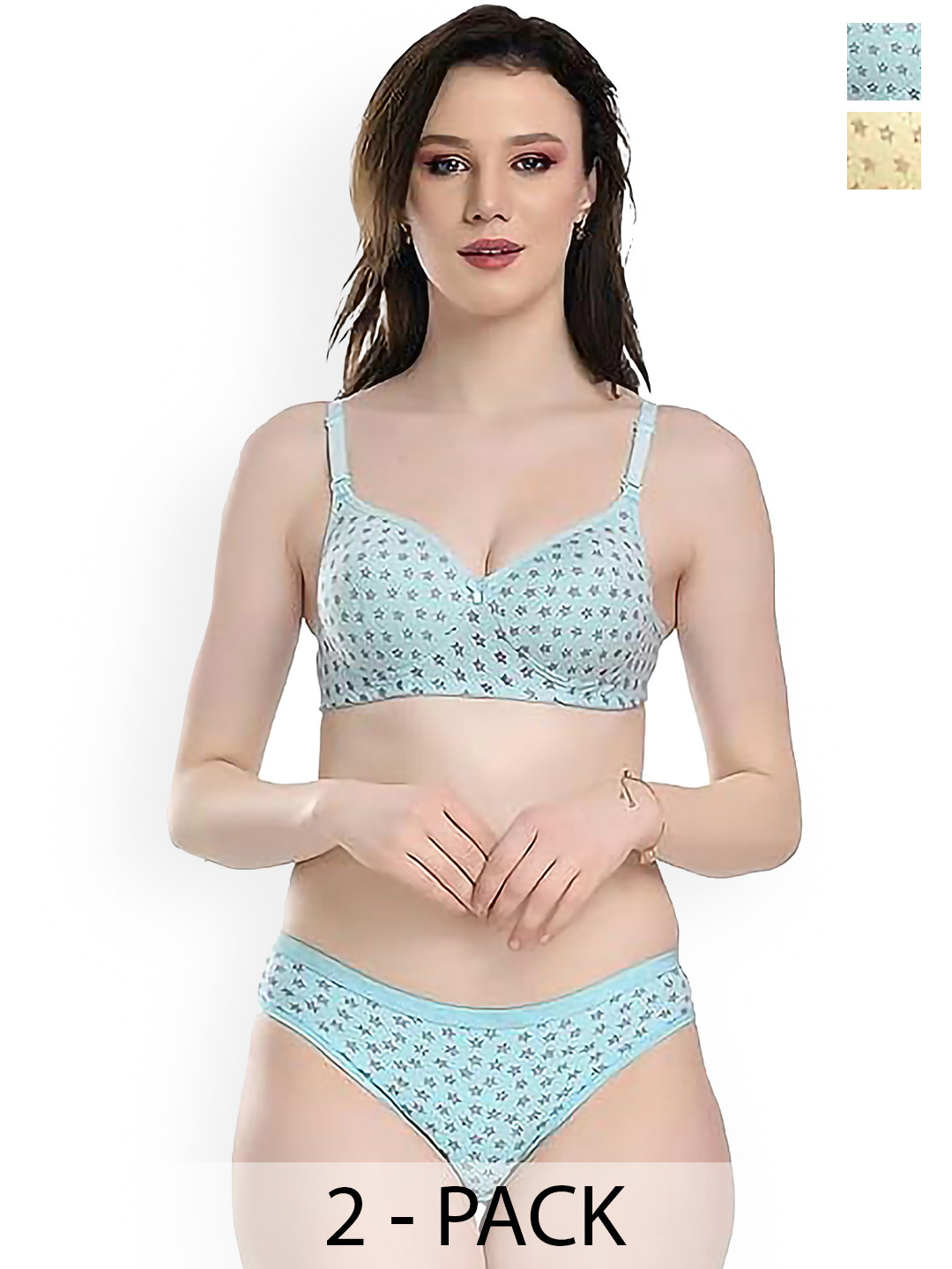 PIBU Pack of 2 Printed Cotton Lingerie Set PI_T_STR-PD_Set_Yellow,Blue_30