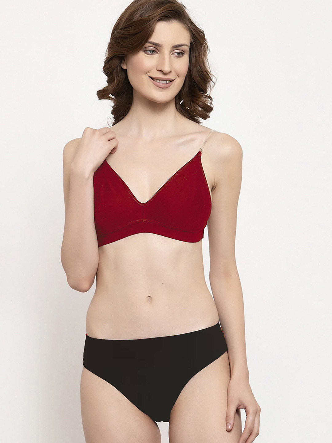 Aamarsh Non-Padded Cotton Lingerie Set with Clear Straps AA_R_TPS-B_Set_Red_30