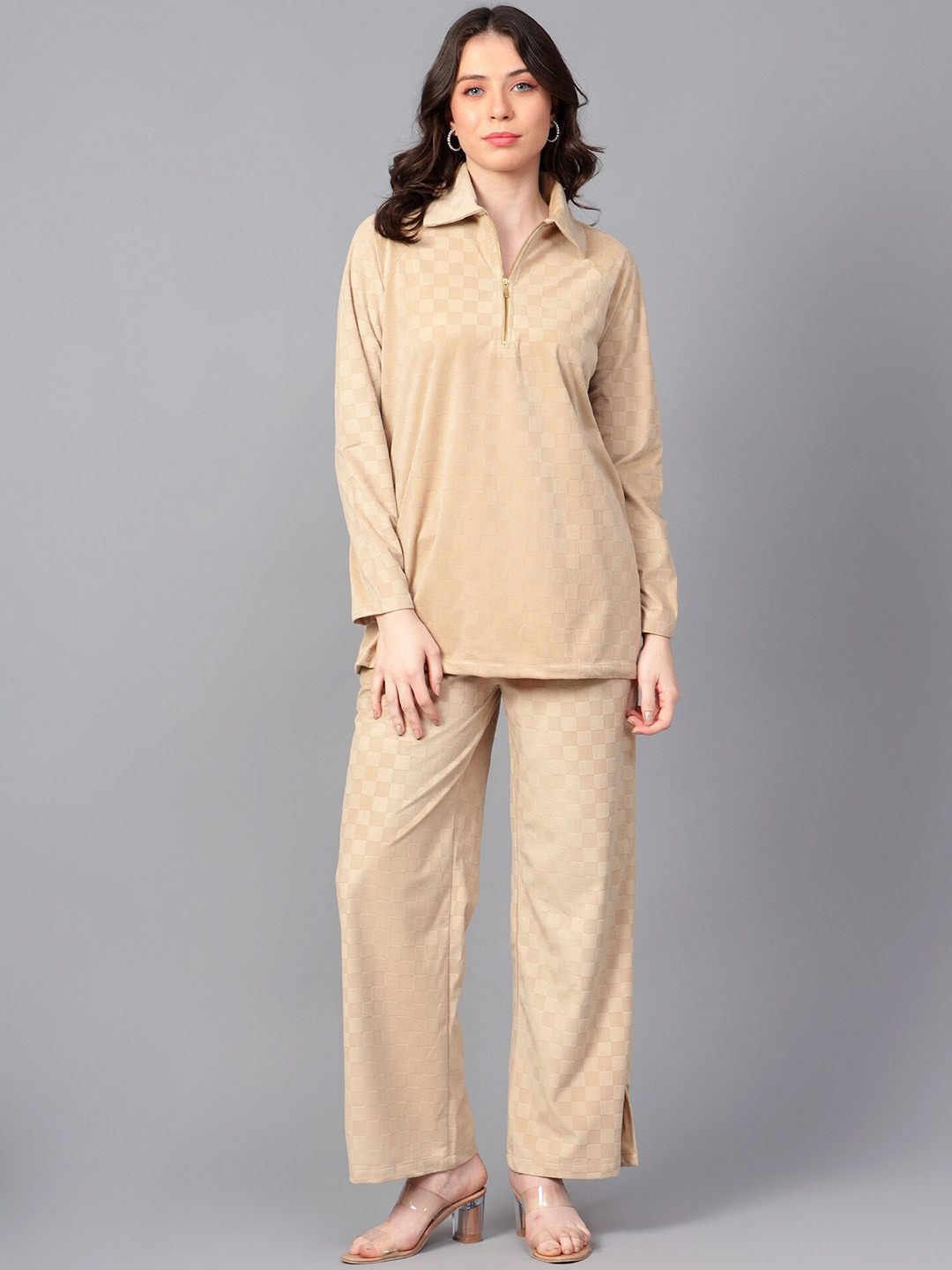 Hencemade Checked Shirt Collar Suede Top & Trouser