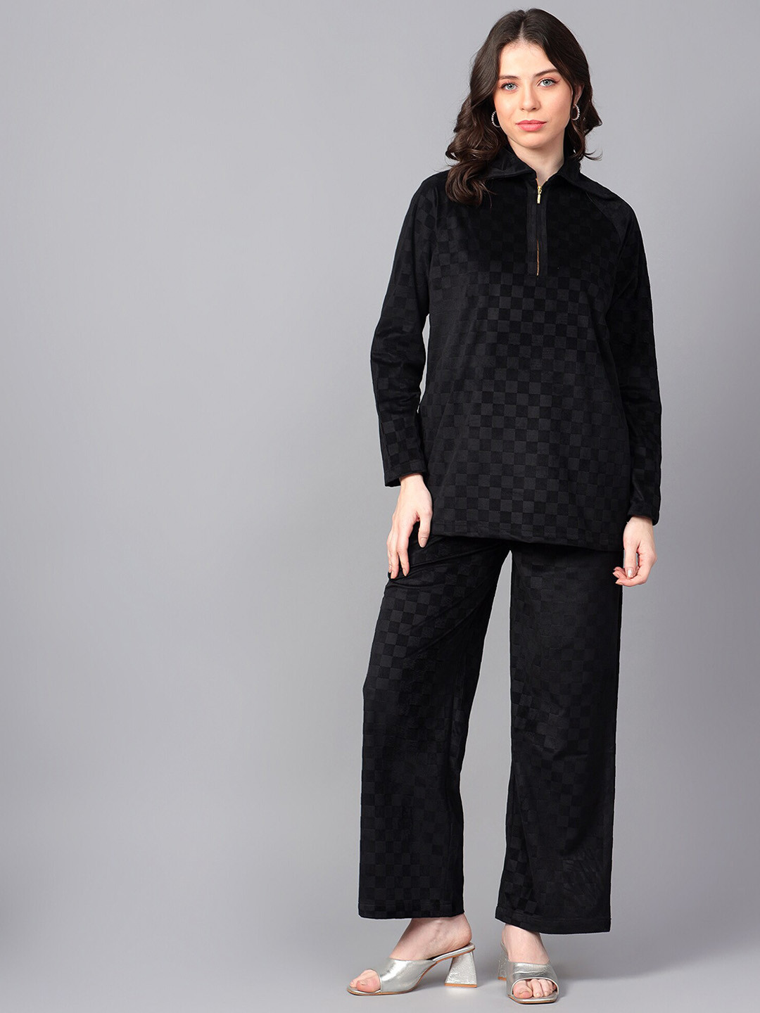 Hencemade Checked Shirt Collar Suede Top & Trouser