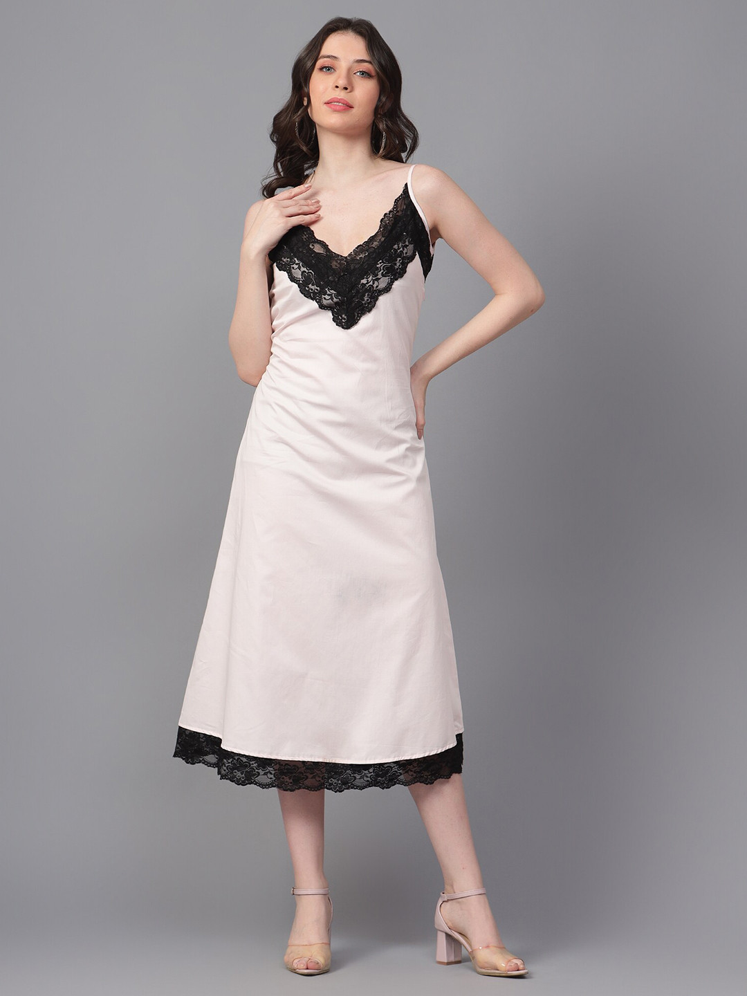 Hencemade Lace Insert Shoulder Straps Satin Slip Dress