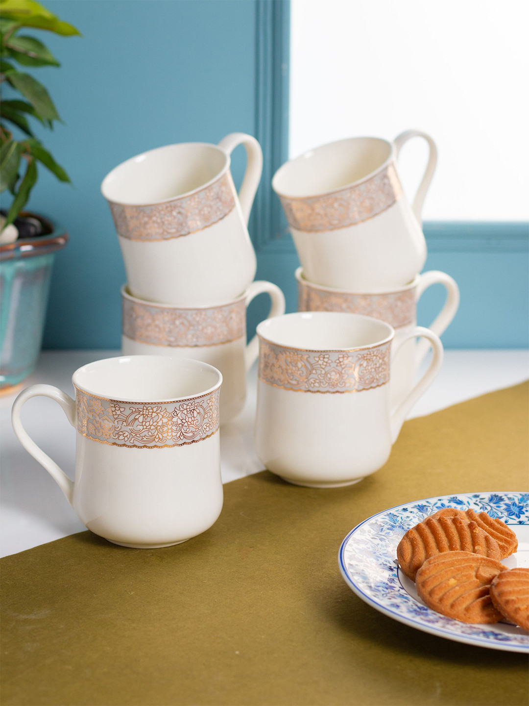 JCPL Glazed White Ethnic Motifs Ceramic Handmade 6 Piece Mugs-250ml