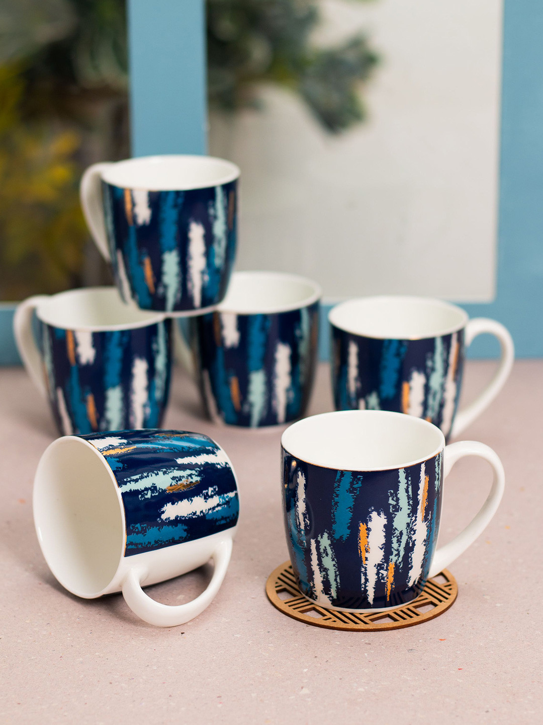 JCPL White Abstract Ceramic Dishwasher Safe 6 Piece Mugs-200ml