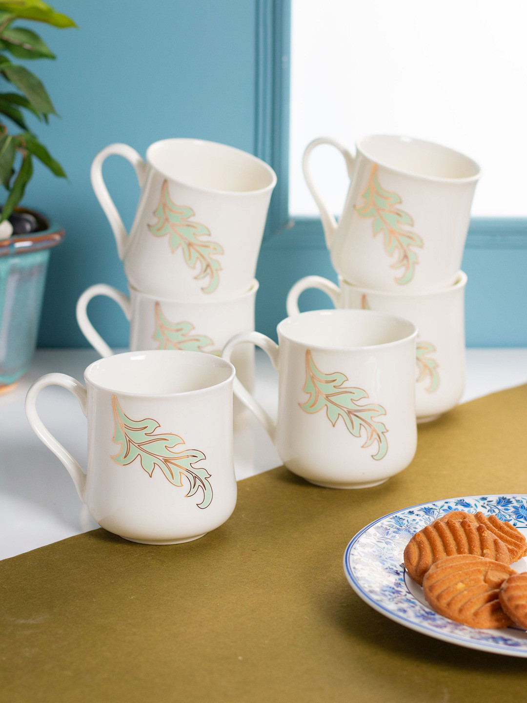 JCPL White and Green Handcrafted Printed Ceramic Glossy Cups 250ml