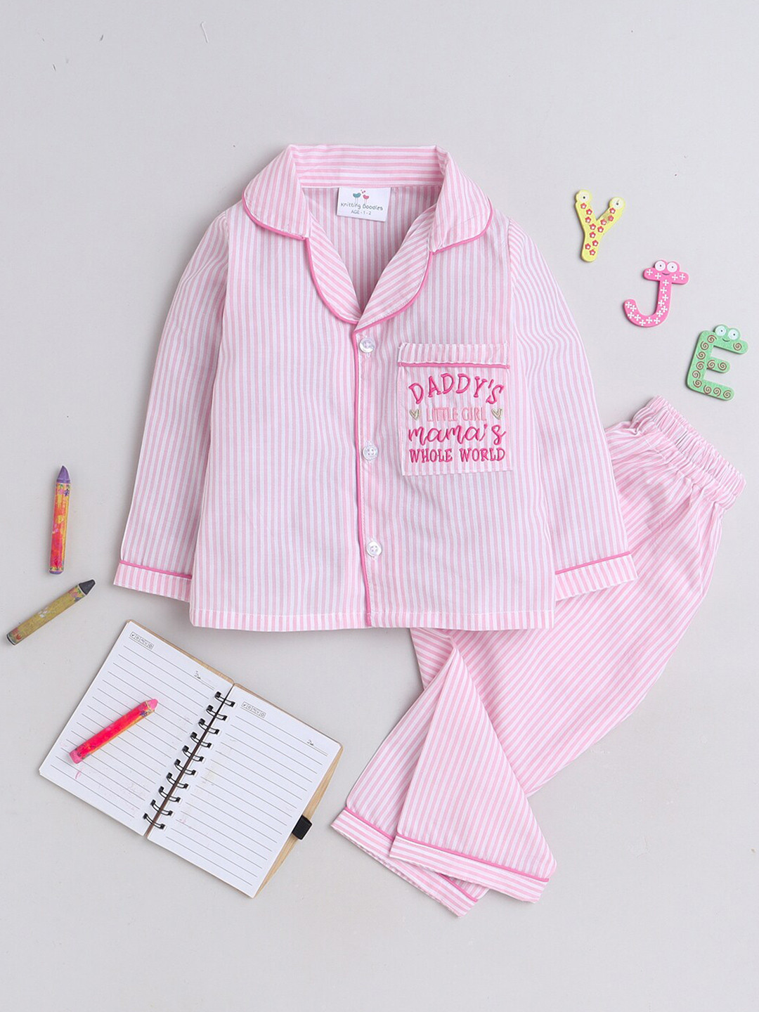 Knitting Doodles Girls Pink Striped Cotton Night Suit