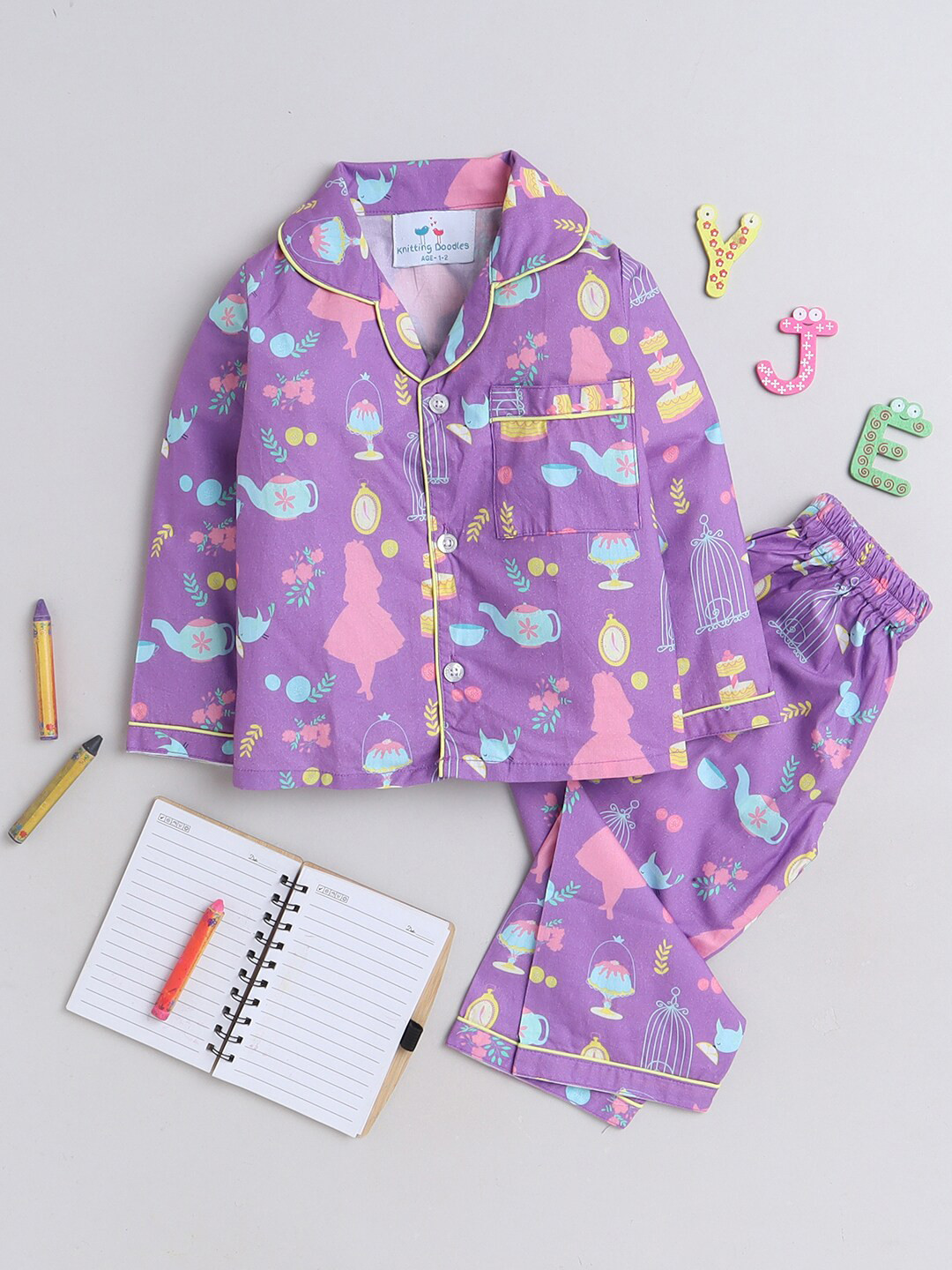 Knitting Doodles Girls Purple Conversational Printed Cotton Night Suits