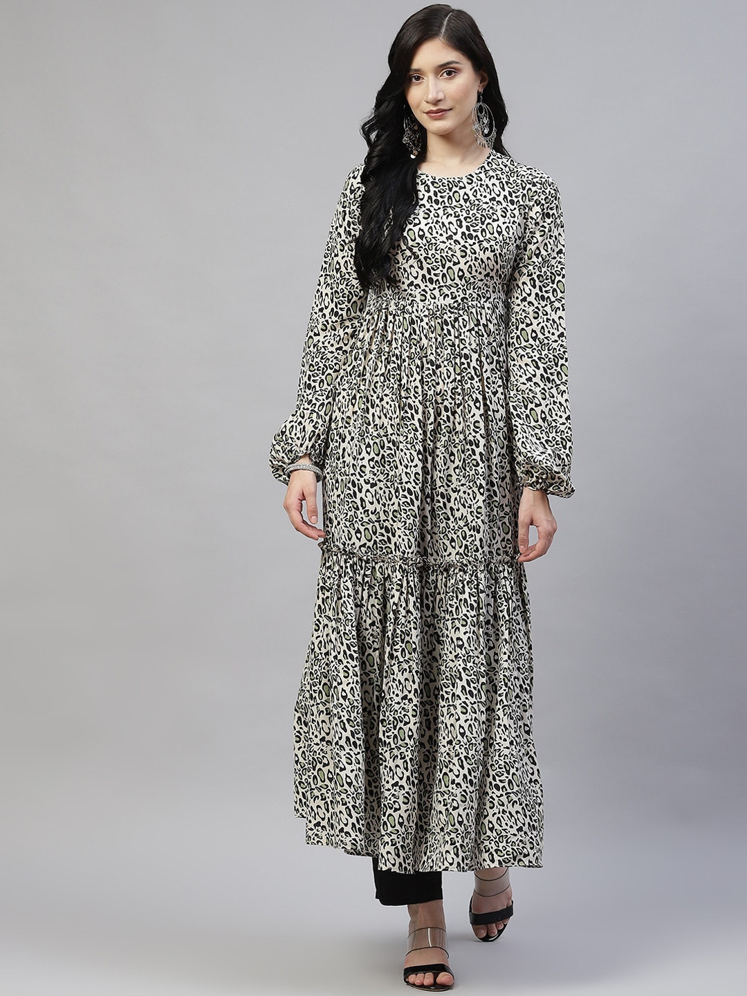 KALINI Animal Printed Puff Sleeves Pleated Anarkali Kurta