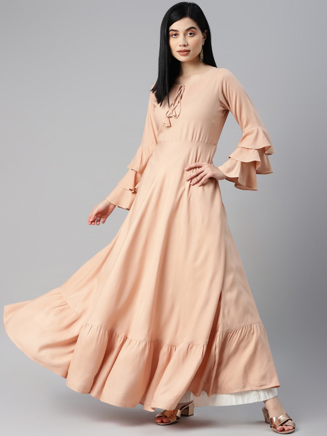 KALINI Tie-Up Neck Bell Sleeves Anarkali Kurta