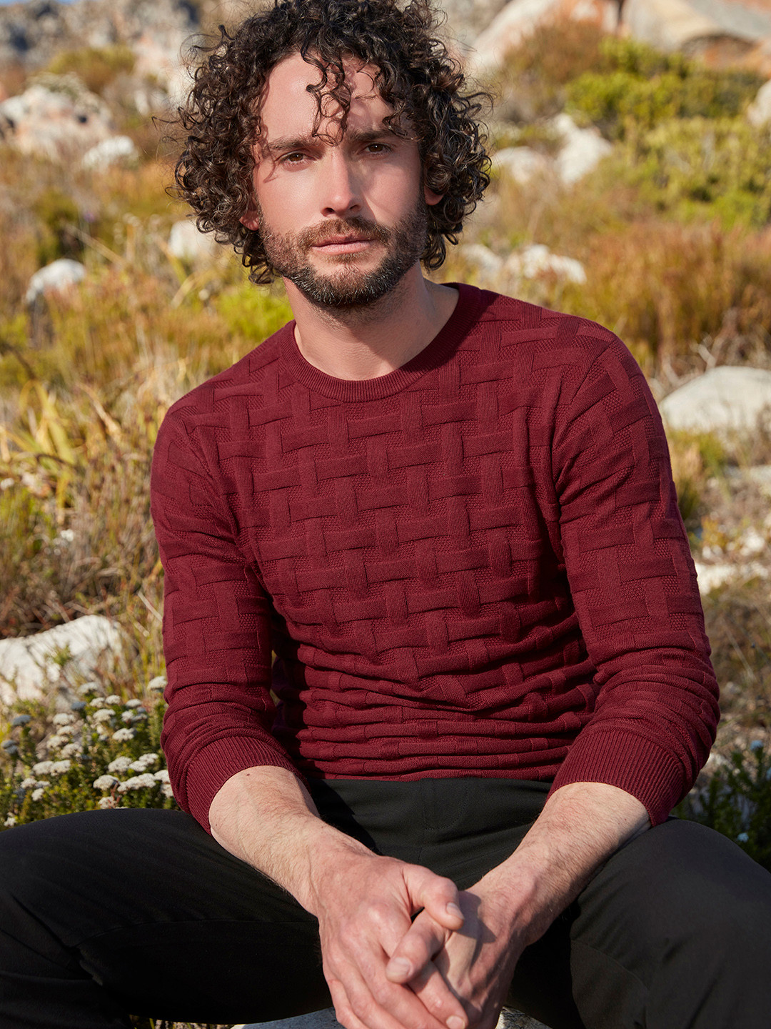 Mufti Slim Fit Self Designed Long Sleeves Flat Knit Pure Cotton T-shirt